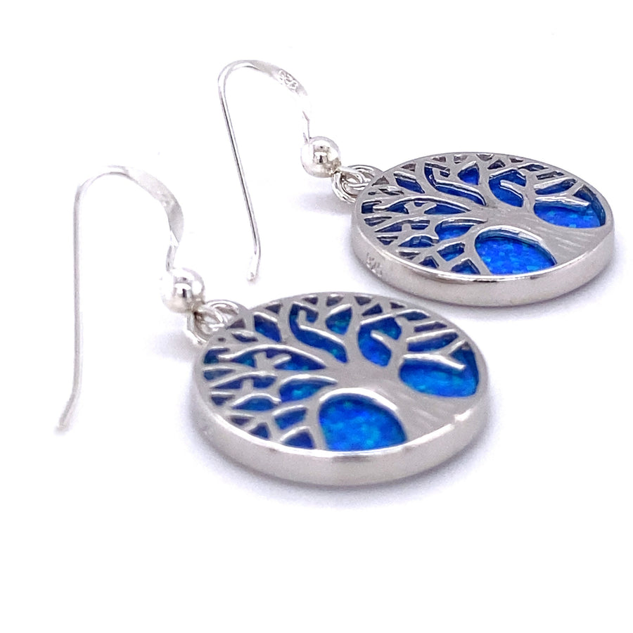 Tree of Life Deep Bermuda Blue Hook Earrings Decorated With Lab-Created Opal