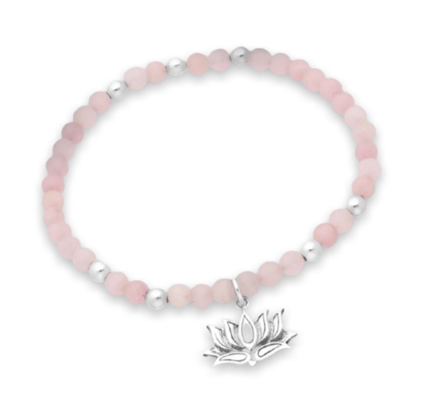 Floral Lotus Flower Elastic Bracelet, Beaded with Rose Quartz Crystals