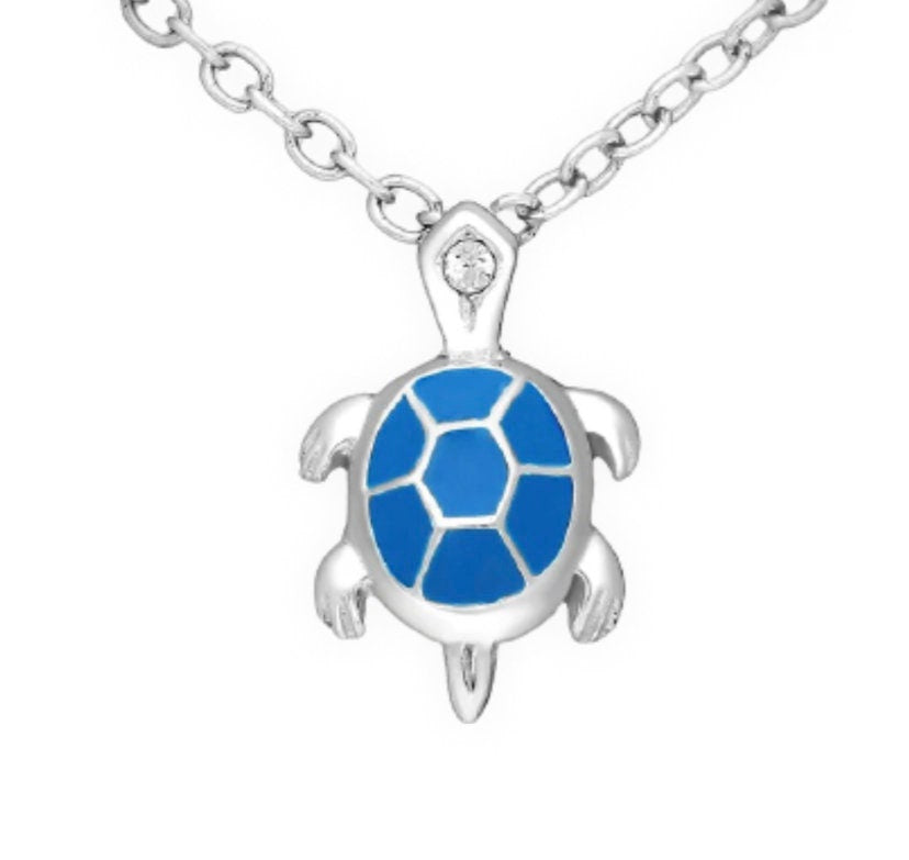 925 Sterling Silver Turtle Pendant, Decorated with Crystal Glass and Colored Enamel