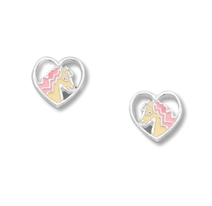 925 Sterling Silver Heart and Horse Push-Back Stud Earrings