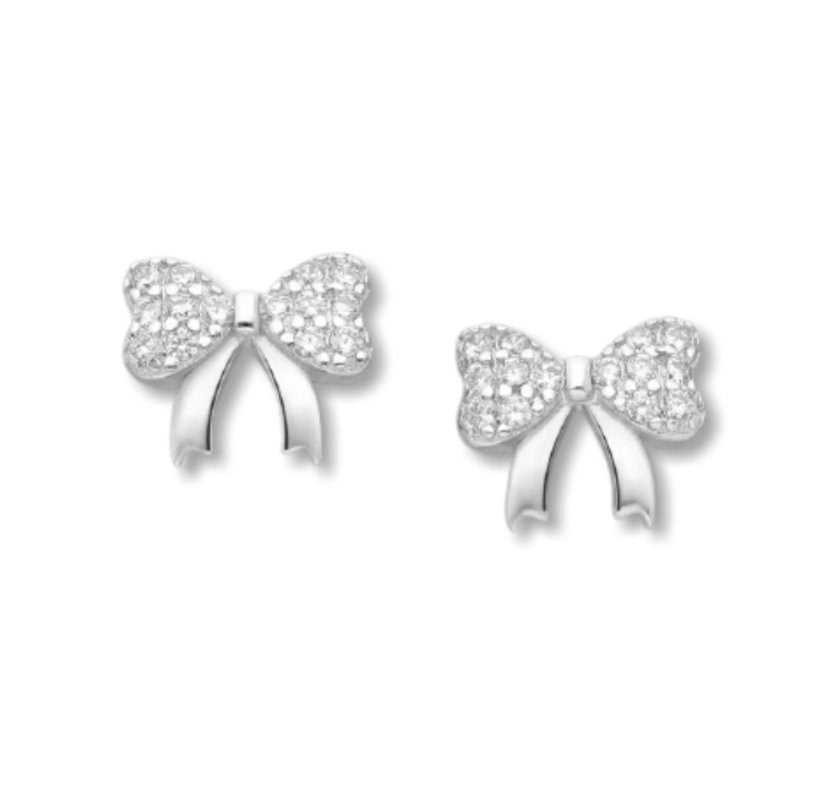 925 Sterling Silver Bow Push-Back Earrings, Decorated with Diamonds