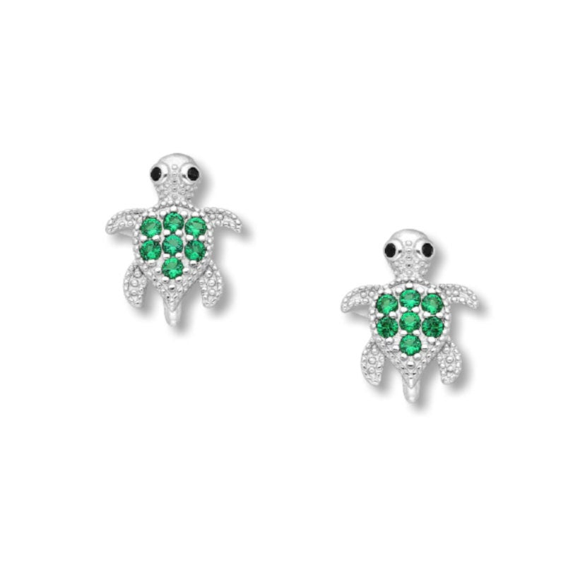 925 Sterling Silver Turtle Push-Back Earrings, Decorated with CZ  Diamonds