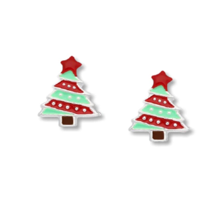 Silver Christmas Tree Stud Push-Back Earrings Decorated with Colored Enamel