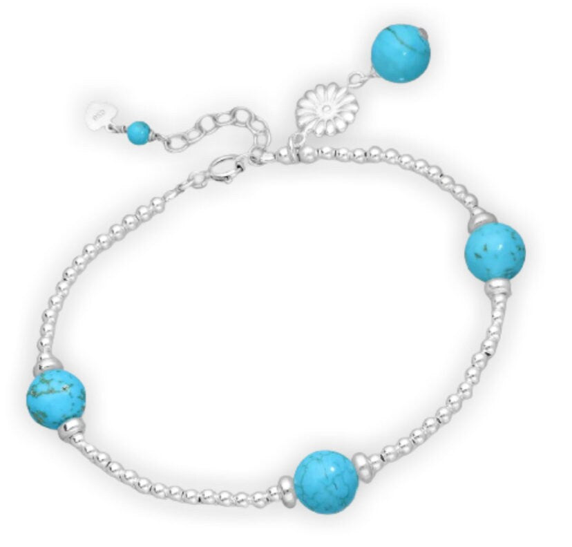 925 Sterling Silver Flower Bracelet, Beaded with Gemstone Beads in Turquoise, Labradorite or Rose Quartz