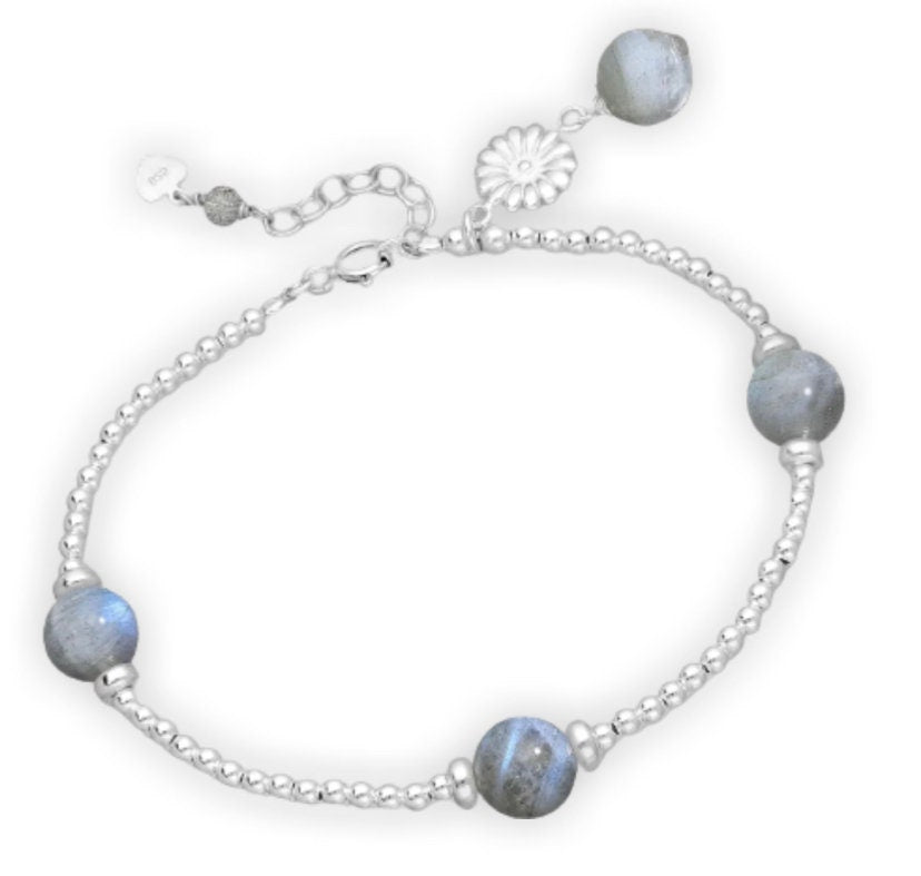 925 Sterling Silver Flower Bracelet, Beaded with Gemstone Beads in Turquoise, Labradorite or Rose Quartz