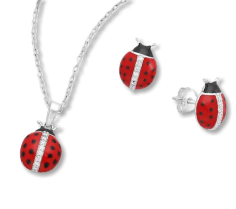 Ladybug pendant necklace and earrings set