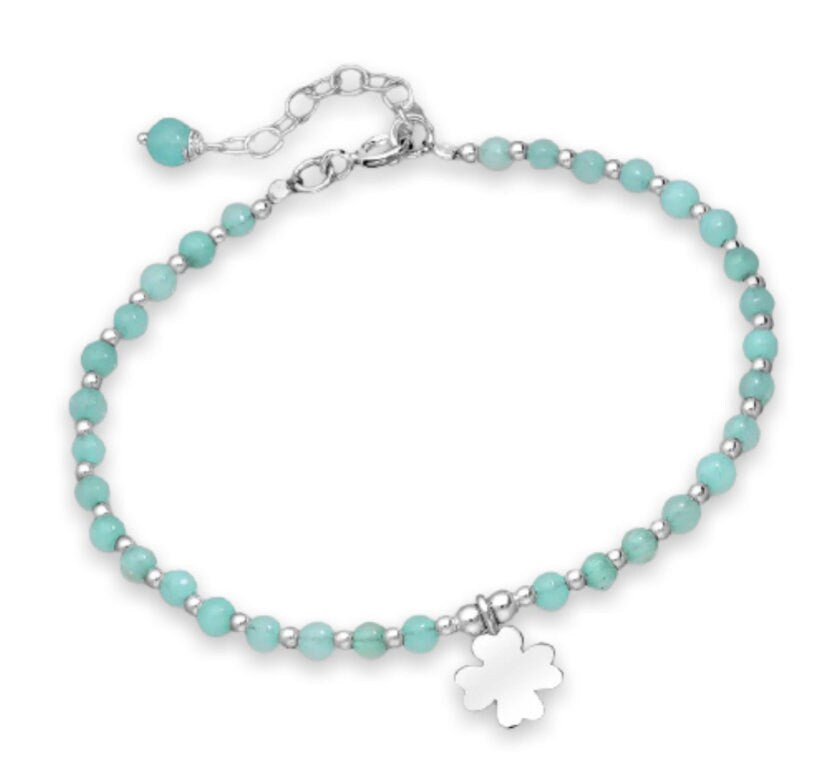 925 Sterling Silver Clover Bracelet, Beaded with Light Sky Blue Agate