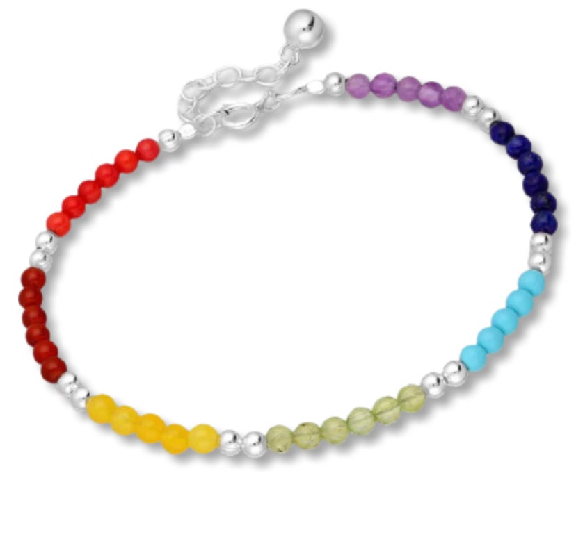 925 Silver Chakra Bracelet, Beaded Gemstones. Amethyst, Dyed Coral, Lapis Lazuli, Peridot, Reconstructed Light Green Turquoise ,Yellow Agate