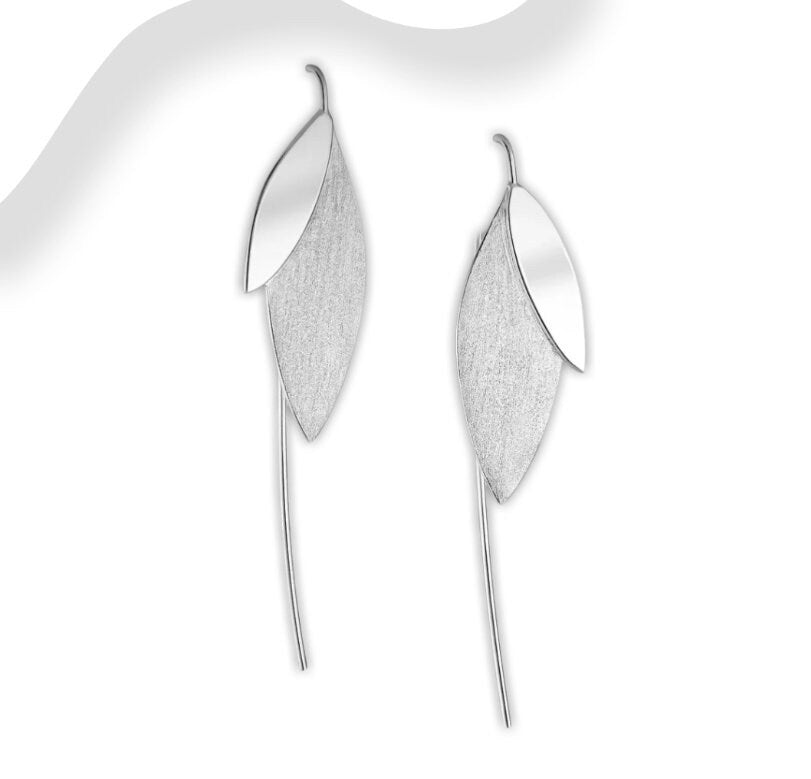 925 Sterling Silver Matt Leaf Hook Earrings