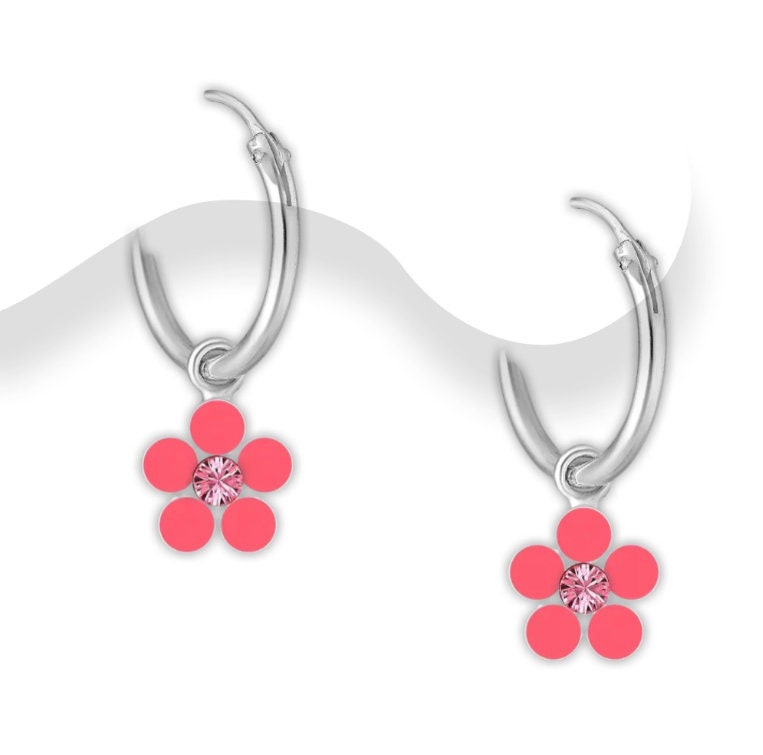 925 Sterling Silver Flower Hoop Earrings Decorated With Deep Pink Colored Enamel