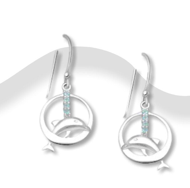 Dolphin Hook Earrings, Decorated with Sky-Blue Topaz