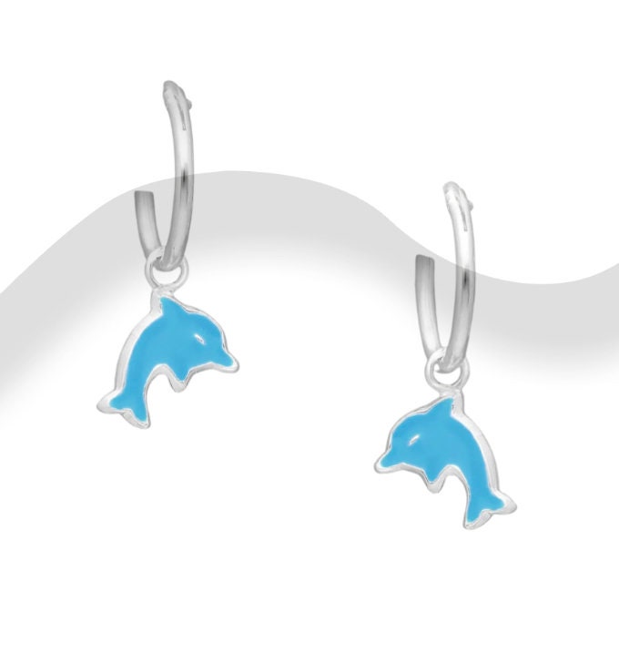 Dolphin Hoop Earrings, Decorated with Colored Enamel